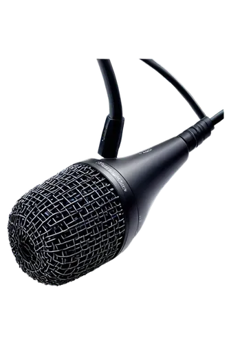 Microphone, professional audio equipment, dynamic mic, cardioid polar pattern, metal mesh grille, XLR connector, black finish, reflective surface, studio setting, close-up shot, 3/4 composition, soft 