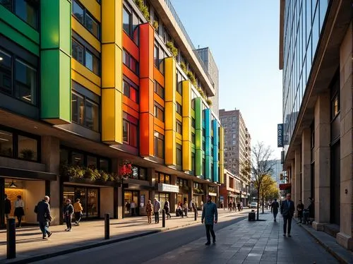 Vibrant colored glass fa\u00e7ade, sleek metal framework, transparent windows, reflective surfaces, modern architecture, urban cityscape, bustling streets, morning sunlight, warm golden lighting, shal