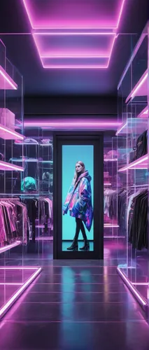 Imagine a futuristic Supercell store with holographic displays and neon lights.,shop-window,store front,store window,neon human resources,storefront,retail,shopwindow,shopping icon,shop window,80's de