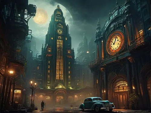 Art Deco skyscraper, Bioshock cityscape, 1940s retro-futuristic style, intricate ironwork, ornate clock tower, grand entrance with glass ceiling, dimly lit corridors, rusty pipes, old-fashioned lamps,