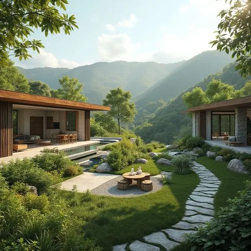 home landscape,landscaped,house in the mountains,house in mountains,3d rendering,zen garden,landscaping,roof landscape,teahouse,hushan,south korea,landscape background,japanese garden,japanese zen garden,beautiful home,grass roof,green landscape,asian architecture,hillside,japanese garden ornament,Photography,General,Realistic