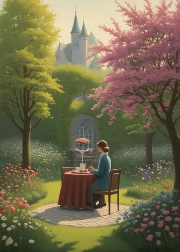 studio ghibli,spring morning,springtime background,tearoom,afternoon tea,violet evergarden,tea ceremony,blooming tea,sakura trees,flower painting,spring pancake,spring background,a fairy tale,springtime,fairy tale,idyll,picnic,hyacinths,spring blossoms,in the spring,Art,Artistic Painting,Artistic Painting 48