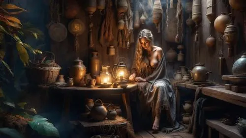 a woman with a veil on her head sitting at a table surrounded by pots and lanterns,apothecary,the collector,perfumer,galadriel,herbology,candlemaker