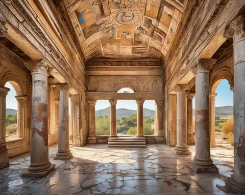 Historic building conservation, ancient Greek temple, crumbling stone walls, vines crawling up columns, intricate carvings, faded frescoes, grand dome, ornate doorways, worn marble floors, abandoned p