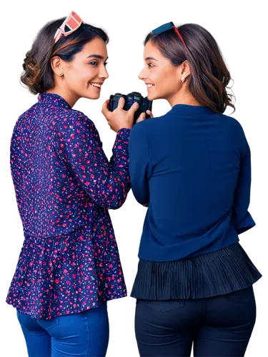 Two girls, friends, happy, smiling faces, different hairstyles, colorful clothing, holding cameras, standing back to back, casual pose, urban background, warm sunlight, shallow depth of field, vibrant