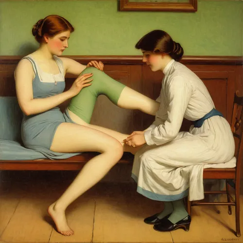 nursing,emile vernon,reflexology,bouguereau,nurses,first-aid,physiotherapy,bougereau,appointment,young women,nurse uniform,two girls,medical treatment,courtship,medical care,physiotherapist,foot reflexology,young couple,foot massage,dermatology,Art,Classical Oil Painting,Classical Oil Painting 14