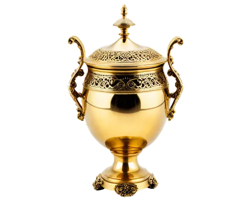 Golden pot, treasure container, ornate lid, shiny metal, rounded body, pedestal base, solo object, detailed texture, reflective surface, soft lighting, 3/4 composition, close-up shot, warm color tone.