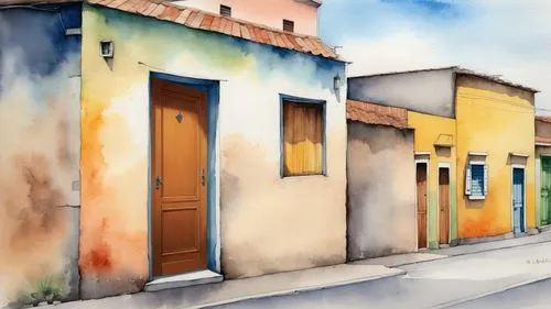 The door is ajar,a painting of several buildings that have doors on them,watercolor shops,utrillo,houses clipart,facade painting,provencal,pittura