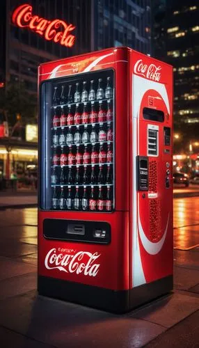 Coca-Cola vending machine, shiny metallic surface, bright red and white colors, rounded edges, buttons and screen on front, Coke logo prominent, glass bottle or can dispenser, urban setting, city stre