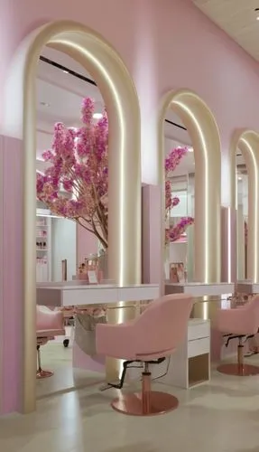 well-stocked luxury makeup store interior of beauty salon pleasant atmosphere excellent luxury lighting delicious aroma in it counters with shadows and makeup, mirrors with lights and hairdressing cha