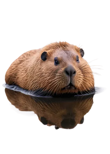 Dead capybara, lying on side, soft fur, brown eyes closed, pink nose, greyish-brown body, lifeless posture, detailed whiskers, still water reflection, ripples in background, close-up shot, shallow dep