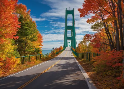 Immerse yourself in the serene beauty of Mackinac Bridge surrounded by autumn foliage.,mackinac bridge,mackinac island,scenic bridge,upper michigan,michigan,memorial bridge,fall landscape,arch bridge,