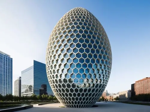 building in the middle of manhatan usrrounded by other buildings, people waltking toward the building,a giant metal egg on the ground outside,soumaya museum,building honeycomb,soumaya,honeycomb struct