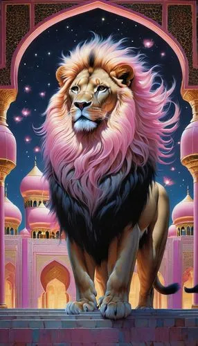 night, arabian palace, huge lion, mane fluttering in the wind, soft pink glowing towers,a lion standing in front of an ornate building,rakshasa,lion - feline,lion,maharajah,iraklion,maharaja,Illustrat