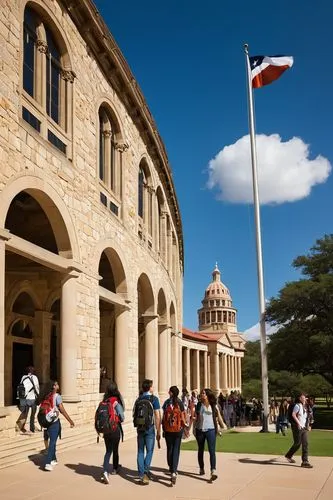 UT Austin architecture building, grandiose, modern design, stone walls, large windows, green roofs, columned entrance, arches, Texas flag flying high, sunny day, blue sky with few clouds, students wal