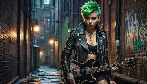 Gangster Tinkerbell, punk rock fairy, green mohawk, bold eyeliner, silver piercings, leather jacket, ripped fishnet stockings, heavy combat boots, tattoos on arms, holding a guitar, standing in a dark