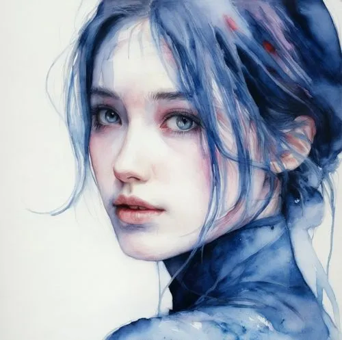 an artistic watercolor painting of a woman with blue hair,hoshihananomia,watercolor blue,kommuna,zuoying,yuanji,sanxia,Illustration,Paper based,Paper Based 20