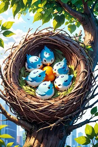 Octavio Ocampo style, bird's nest,,robin's nest,nest,bird's nest,bird nest,spring nest,bird nests,nest easter,bird bird kingdom,bird kingdom,easter nest,hatchlings,bird robins,tree's nest,baby bluebir