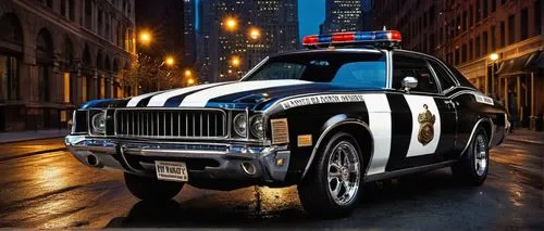 Police car, American muscle car style, shiny black and white stripes, chrome wheels, bold front grille, LED headlights, sirens on roof, doors with police badges, rearview mirror, spotlights, antennas,