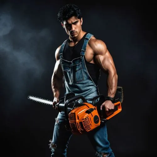 Muscular man, Saw Xii, solo, (25yo), intense gaze, sharp jawline, spiky black hair, bold eyebrows, sleeveless shirt, ripped jeans, heavy boots, holding a chainsaw, powerful pose, dark background, spot