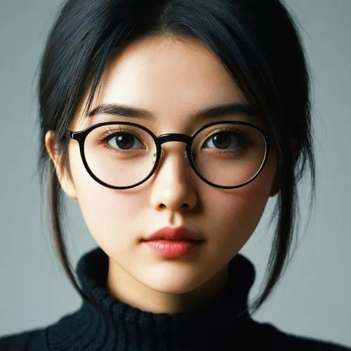 女生，眼镜，黑色毛衣，卡通,a young woman wearing glasses is looking at the camera,spectacles,asian woman,silver framed glasses,glasses,with glasses,reading glasses,Illustration,Japanese style,Japanese Style 11