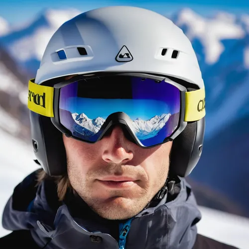 Close-up portrait of a skier in a mask and helmet with a closed face against a background of snow-capped mountains and blue sky,ski helmet,sport climbing helmets,sport climbing helmet,climbing helmet,