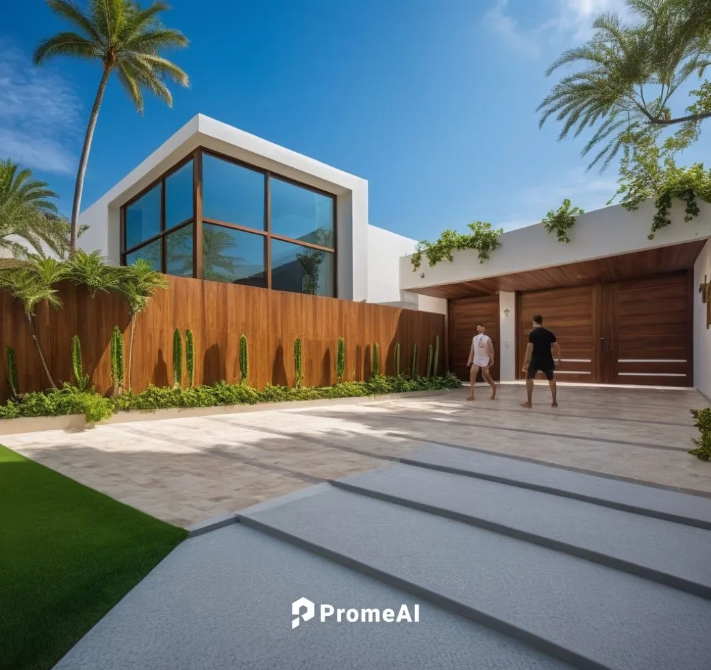 DISEÑO EXTERIOR DE UN DEL ACCESO A UNA RESIDENCIA, UBICADA EN UNA PRIVADA, CON UNA  CALLE DE CONCRETO ESTAMPADO, LA BARDA CON JARDINERA DE FORMIO, PLANTAS Y FLORES COLGANDO DE LA BARDA, PORTON DE ACCE