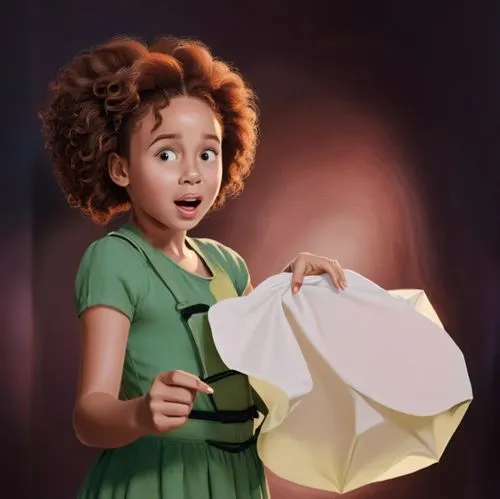 a black girl, admired girl, surprised girl, photorealistic art.,a girl holding an item in front of her face,girl with cloth,little girl with umbrella,painting technique,girl with bread-and-butter,litt