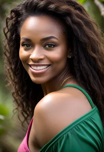 A Queen, Mother Nature, Black Woman smiling, Coming out of the ground of a lively and colorful forest, lots of color, lots of birds, lots of fruit, paradise, power of smile, green eyes, natural hair, 