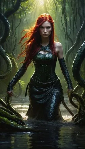 the woman with long dark wet red hair stands surreal as her skin gleams in the sun, surrounded by a fierce and raging scene. Her arms and legs are raised, and her demeanor seems to defy gravity. Her w