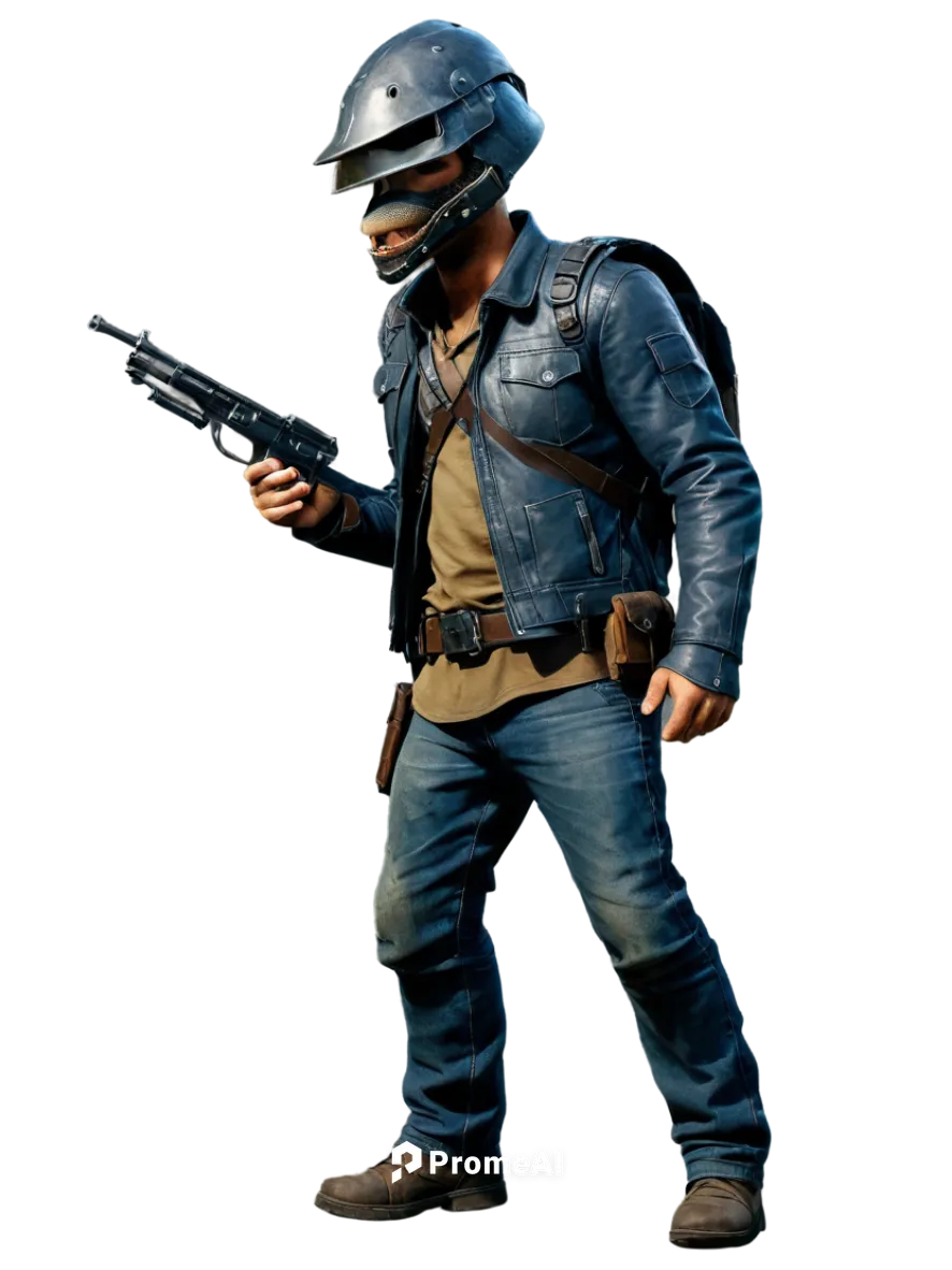 Ark Survivor, male, muscular, rugged, detailed facial hair, worn leather jacket, torn pants, utility belt, dinosaur-shaped helmet, holding a rifle, standing heroically, strong legs, dusty terrain, cin