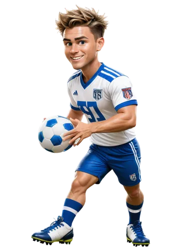 Football player, male, athletic build, muscular arms, determined facial expression, short spiky hair, sweat droplets on forehead, white jersey with team logo, blue shorts with stripes, shin guards, cl