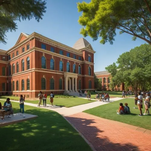 Modern university campus, HBCU architecture school, historic red brick buildings, columned facade, grand entrance, sprawling green lawns, mature trees, walking paths, students of diverse ethnicity, ca