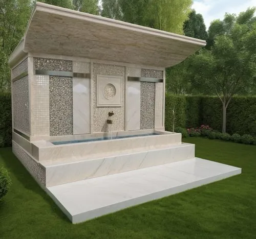 a fountain with two taps, marble, natural stone, marble in different tones, marble skirting, cylindrical marble mosaic, marble thin line sheet, marble profile sheet, slate split surface mosaic, Marble