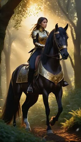 Fantasy stable, Diffusino, magical horse, majestic posture, shiny black mane, golden bridle, intricate saddle, ornate armor, mystical aura, misty atmosphere, ancient forest, twinkling fireflies, soft 