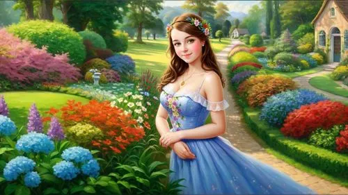 Romantic masterpiece oil painting, cute girl portrait, nostalgic 1950's style kitsch, hedge garden landscape, lush botanical garden scenery, by Thomas Kinkade,girl in the garden,girl in flowers,flower