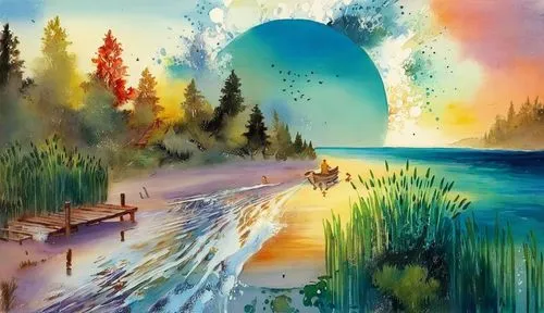 a painting of people rowing through a pond with an ocean ball in the background,watercolor background,watercolor,watercolor painting,watercolorist,water colors,water color,Illustration,Paper based,Pap