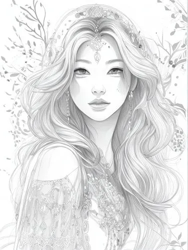 white rose snow queen,the snow queen,faerie,faery,dryad,fairy queen,filigree,moonflower,angel line art,fantasy portrait,lineart,boho art,elven flower,white blossom,fairy tale character,white lilac,line-art,coloring page,jasmine blossom,bridal veil,Design Sketch,Design Sketch,Character Sketch