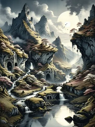 an artistic painting of a river, mountains, and a waterfall,fjord landscape,karst landscape,mountainous landscape,fantasy landscape,mountain landscape,gondolin,Illustration,Realistic Fantasy,Realistic