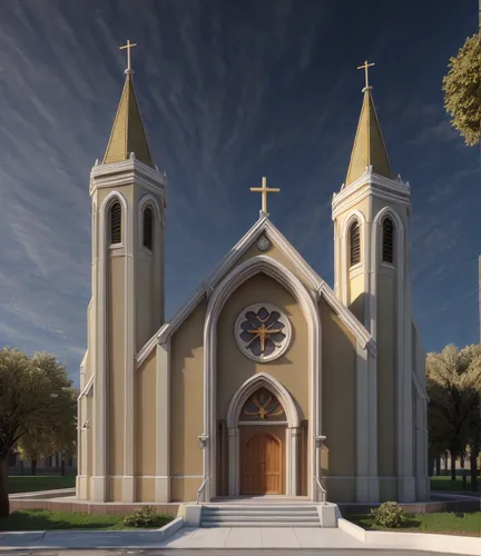 an artist's rendering of a church with two towers and a cross at the top,3d rendering,catholicon,medjugorje,renderings,archconfraternity,catholique