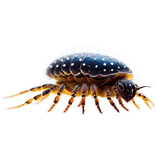 Sea lice, microscopic crustacean, transparent body, multiple legs, antennae, compound eyes, swimming posture, shallow focus, macro photography, warm lighting, high contrast, detailed texture.,gammarus