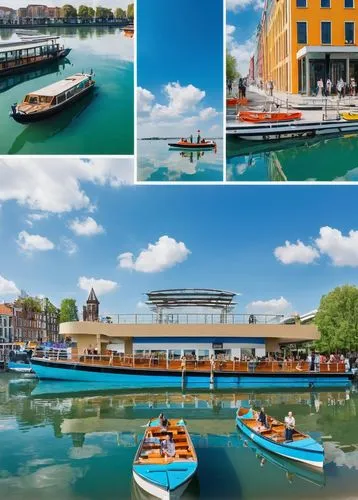 CAC architecture, modern building, canal side, water reflection, boat tour, sunny day, clear blue sky, few white clouds, calm water surface, wooden dock, tourists walking, taking photos, wearing casua