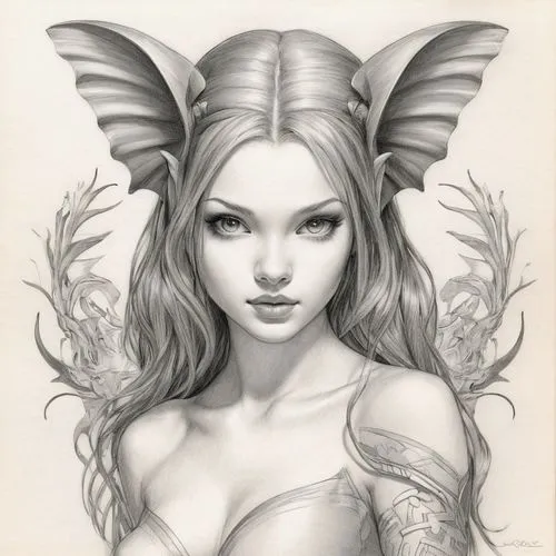 faerie,faun,fantasy portrait,diwata,demoness,faery,Illustration,Black and White,Black and White 30