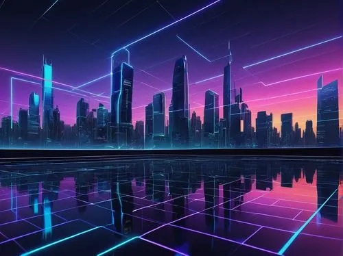 futuristic landscape,cyberpunk,dubai,cityscape,cyberspace,neon arrows,futuristic,3d background,doha,80's design,dusk background,city skyline,metropolis,retro background,neon lights,city at night,wallpaper dubai,neon light,digital background,cyber,Illustration,Retro,Retro 22