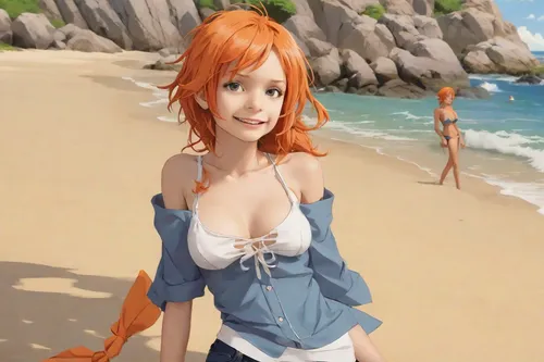 nami,anime 3d,one-piece swimsuit,beach background,the sea maid,beach scenery,swimsuit,summer swimsuit,hinata,nemo,3d fantasy,swimsuit top,seaside,lover's beach,monokini,one piece,3d rendered,kosmea,ariel,summer background