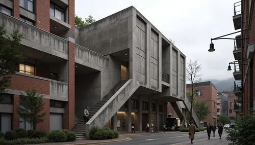 Rough-hewn concrete walls, exposed ductwork, industrial metal beams, weathered steel surfaces, raw brick facades, rugged stone foundations, brutalist fortress-like structures, dramatic cantilevered ro