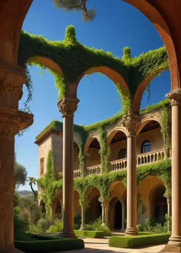 courtyard,cloister,monastery garden,pergola,alhambra,colonnades,hacienda,giardino,water palace,dorne,courtyards,giarratano,arches,archways,gardens,inside courtyard,alcazaba,sapienza,parador,the ruins of the palace,Art,Artistic Painting,Artistic Painting 20