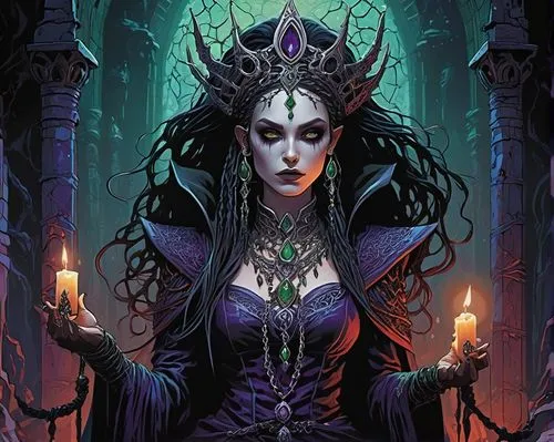 Dark elf, necromancer, pale skin, sharp facial features, piercing green eyes, black eyeliner, dark hair with subtle purple highlights, intricate braids, ornate silver crown, tattered black robes with 