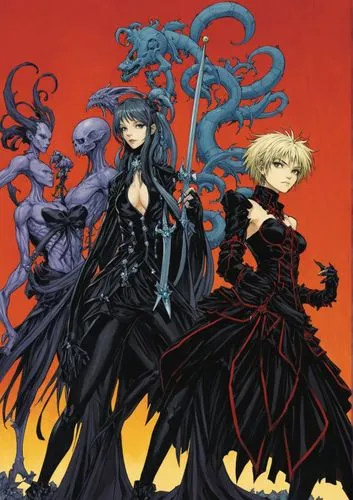 TRAJE NEGRO
,three women standing next to each other in front of a red background,cerberus,servants,persona,berserk,atlus,gothicus,Illustration,Paper based,Paper Based 17