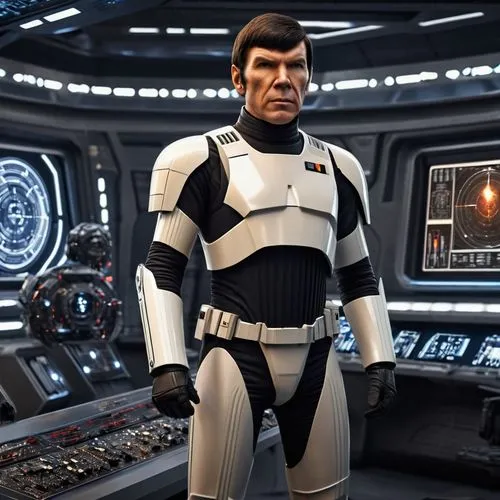 Star Wars Startrek Movie poster, A clone pilot in ARC-170 standing next to Spock from Vulcan, star wars, deathstar in back,the star wars commander standing in front of a large room with lights and scr